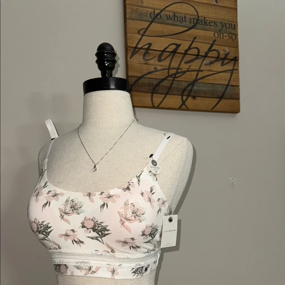 Lucky Brand Floral Print‎ Bralette Cream White Pink Wire Free Comfort Size M